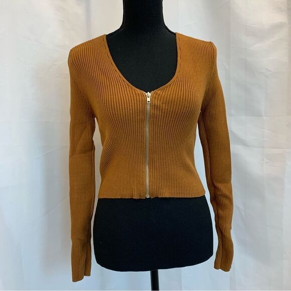 FOREVER 21 rust brown ribbed long sleeve Zipper top size medium - Picture 7 of 7